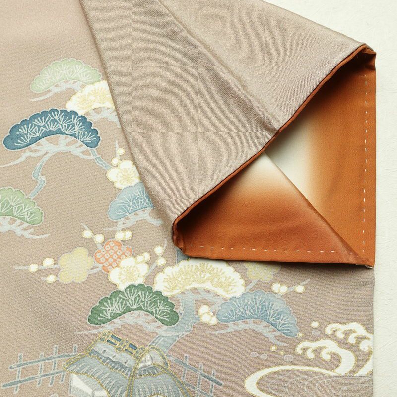 付け下げ 良品 縮緬 正絹 風景柄 袷仕立て 身丈164.5cm 裄丈70.5cm ゆったりサイズ ワイド リサイクル着物 着物 箔 金彩 入学式 卒業式 七五三 お宮参り フォーマル 上品 ベージュ_画像15