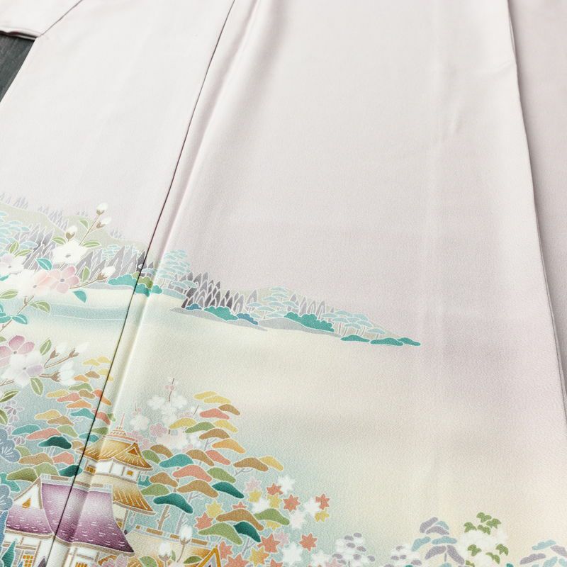 訪問着 美品 しつけ糸付き 縮緬 一つ紋付き 正絹 風景柄 袷仕立て 身丈164cm 裄丈67cm リサイクル着物 着物 共八掛 入学式 卒業式 七五三 お宮参り フォーマル 上品 紅葉 松 桜 紫・藤色_画像5