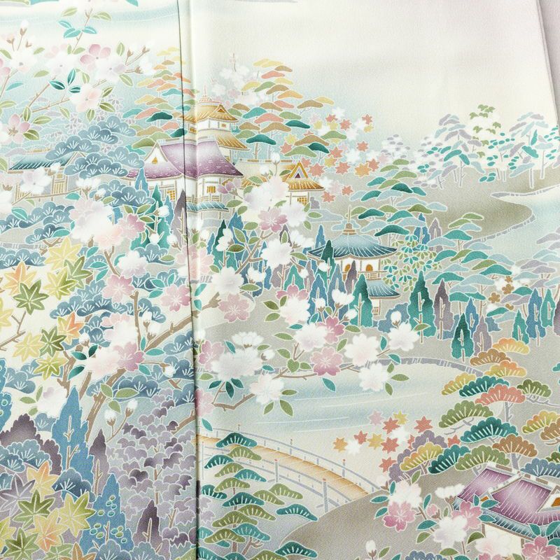 訪問着 美品 しつけ糸付き 縮緬 一つ紋付き 正絹 風景柄 袷仕立て 身丈164cm 裄丈67cm リサイクル着物 着物 共八掛 入学式 卒業式 七五三 お宮参り フォーマル 上品 紅葉 松 桜 紫・藤色_画像6