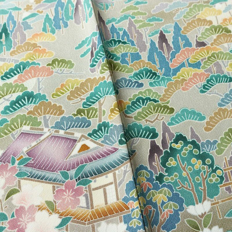 訪問着 美品 しつけ糸付き 縮緬 一つ紋付き 正絹 風景柄 袷仕立て 身丈164cm 裄丈67cm リサイクル着物 着物 共八掛 入学式 卒業式 七五三 お宮参り フォーマル 上品 紅葉 松 桜 紫・藤色_画像10