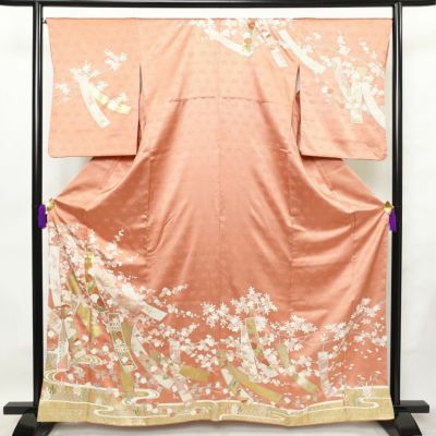 訪問着 良品 金駒刺繍 綸子 正絹 古典柄 袷仕立て 身丈163.5cm 裄丈67cm リサイクル着物 着物 箔 共八掛 入学式 卒業式 七五三 パーティー お宮参り フォーマル 華やか 菊 桜 ピンク
