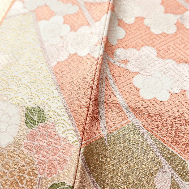 訪問着 良品 金駒刺繍 綸子 正絹 古典柄 袷仕立て 身丈163.5cm 裄丈67cm リサイクル着物 着物 箔 共八掛 入学式 卒業式 七五三 パーティー お宮参り フォーマル 華やか 菊 桜 ピンク_画像12