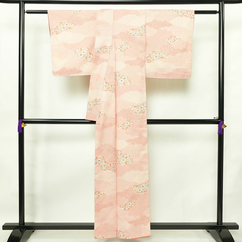 小紋 総柄 正絹 花柄 袷仕立て 身丈156.5cm 裄丈65cm リサイクル着物 着物 紬地 赤・朱_画像2