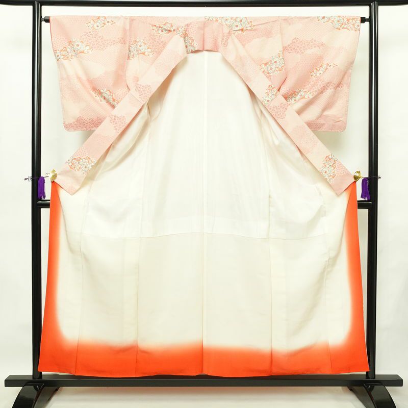 小紋 総柄 正絹 花柄 袷仕立て 身丈156.5cm 裄丈65cm リサイクル着物 着物 紬地 赤・朱_画像3