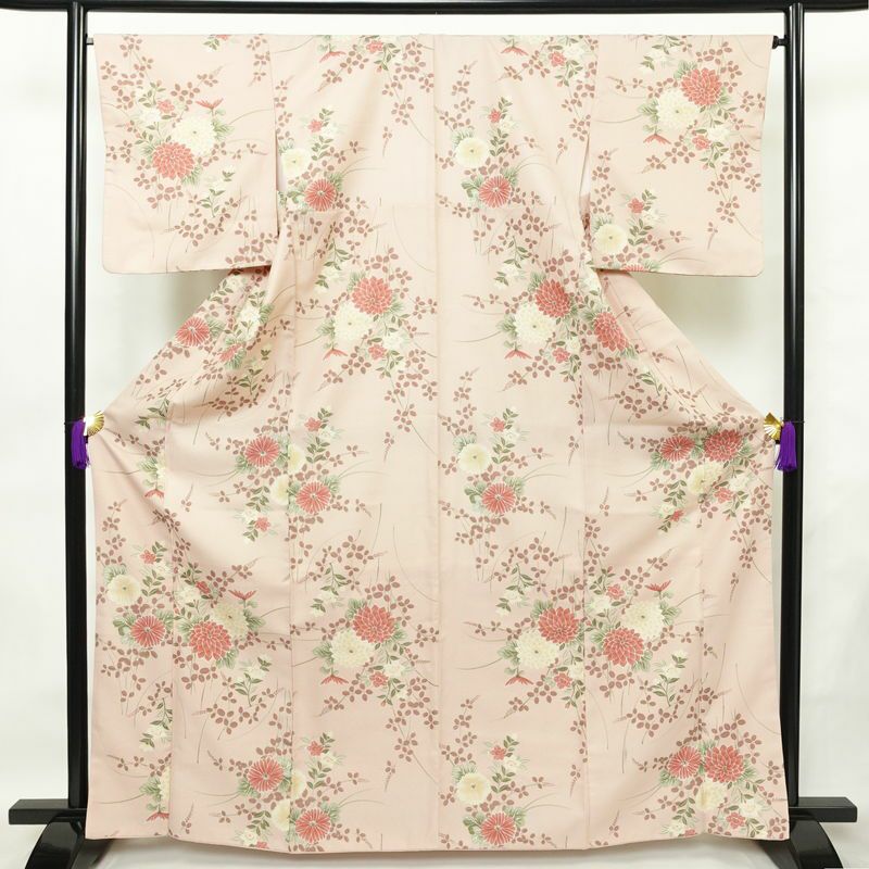 小紋 ポリエステル 花柄 袷仕立て 身丈165cm 裄丈66cm リサイクル着物 着物 ピンク_画像1