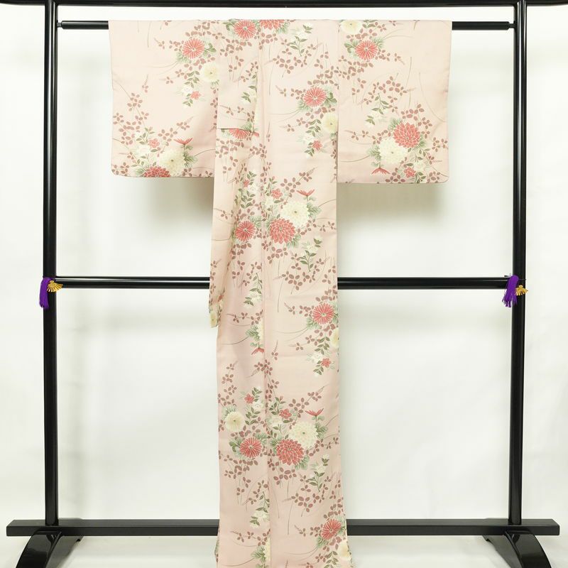 小紋 ポリエステル 花柄 袷仕立て 身丈165cm 裄丈66cm リサイクル着物 着物 ピンク_画像2