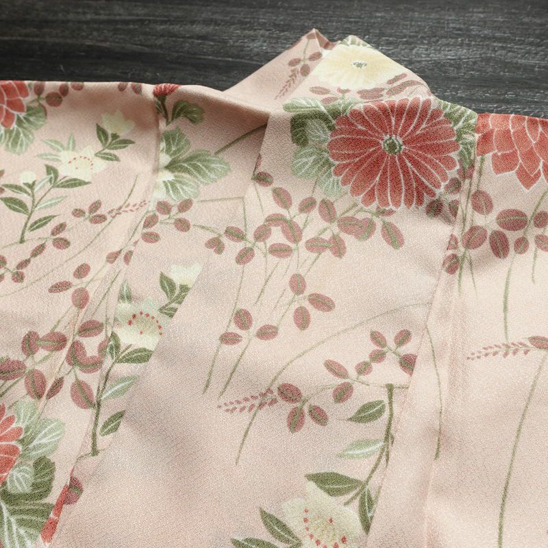 小紋 ポリエステル 花柄 袷仕立て 身丈165cm 裄丈66cm リサイクル着物 着物 ピンク_画像17