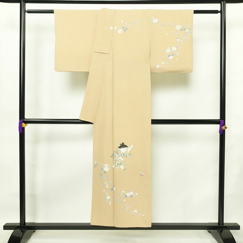 訪問着 縮緬 正絹 人物・動物柄 袷仕立て 身丈148cm 裄丈63cm リサイクル着物 着物 フォーマル シンプル 粋 ベージュ_画像2