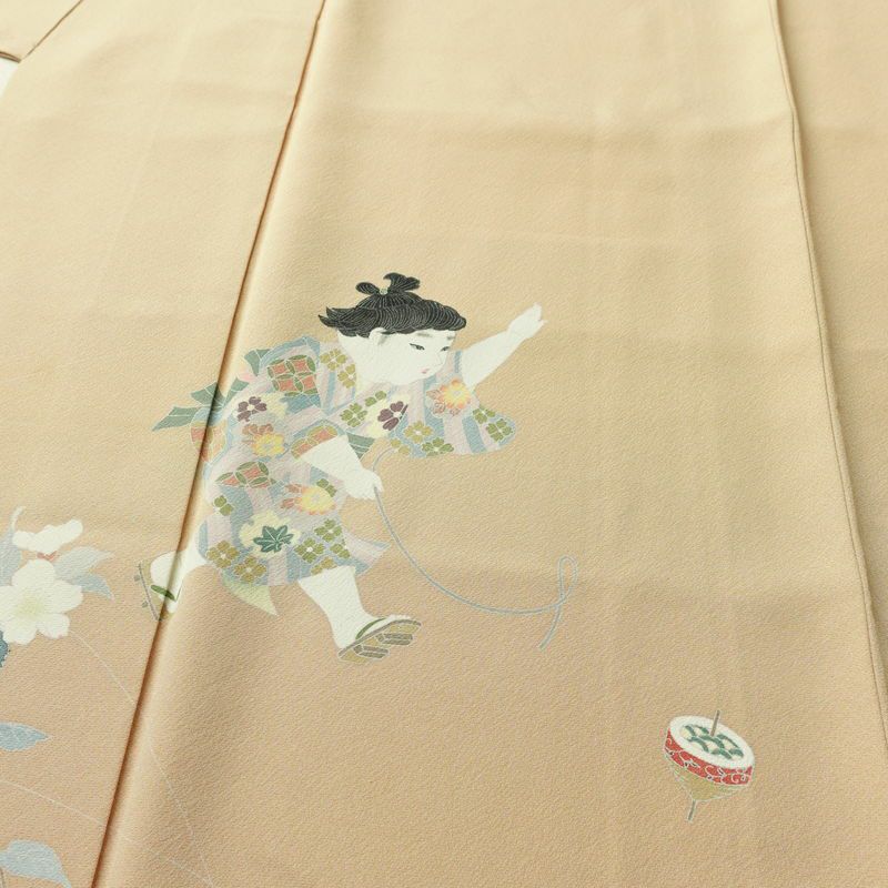 訪問着 縮緬 正絹 人物・動物柄 袷仕立て 身丈148cm 裄丈63cm リサイクル着物 着物 フォーマル シンプル 粋 ベージュ_画像5