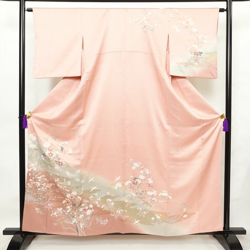訪問着 良品 正絹 花柄 袷仕立て 身丈159.5cm 裄丈63.5cm リサイクル着物 一部しつけ糸付き 着物 箔 入学式 卒業式 七五三 お宮参り フォーマル ピンク_画像1