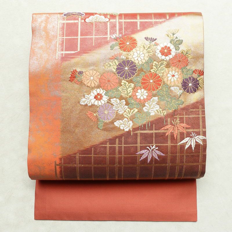 名古屋帯 太鼓柄 良品 正絹 古典柄 名古屋仕立て リサイクル帯 帯 箔 引箔 松 菊 ピンク_画像1