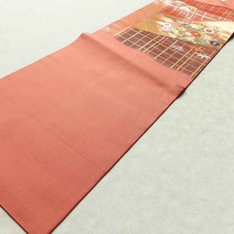 名古屋帯 太鼓柄 良品 正絹 古典柄 名古屋仕立て リサイクル帯 帯 箔 引箔 松 菊 ピンク_画像10