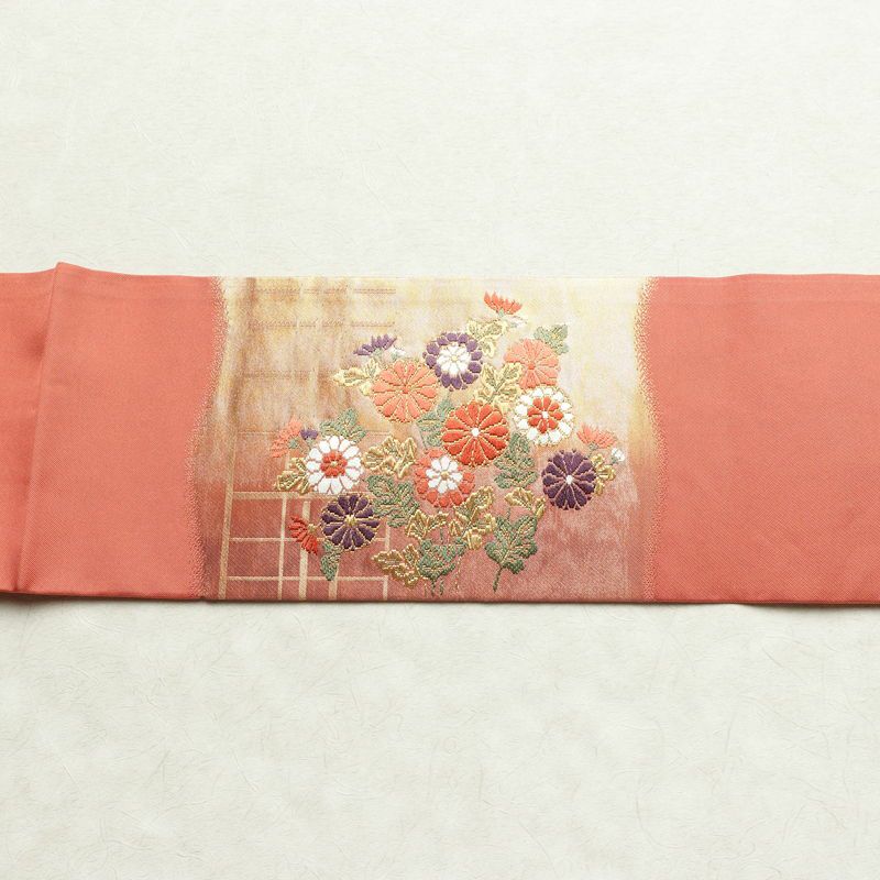 名古屋帯 太鼓柄 良品 正絹 古典柄 名古屋仕立て リサイクル帯 帯 箔 引箔 松 菊 ピンク_画像14