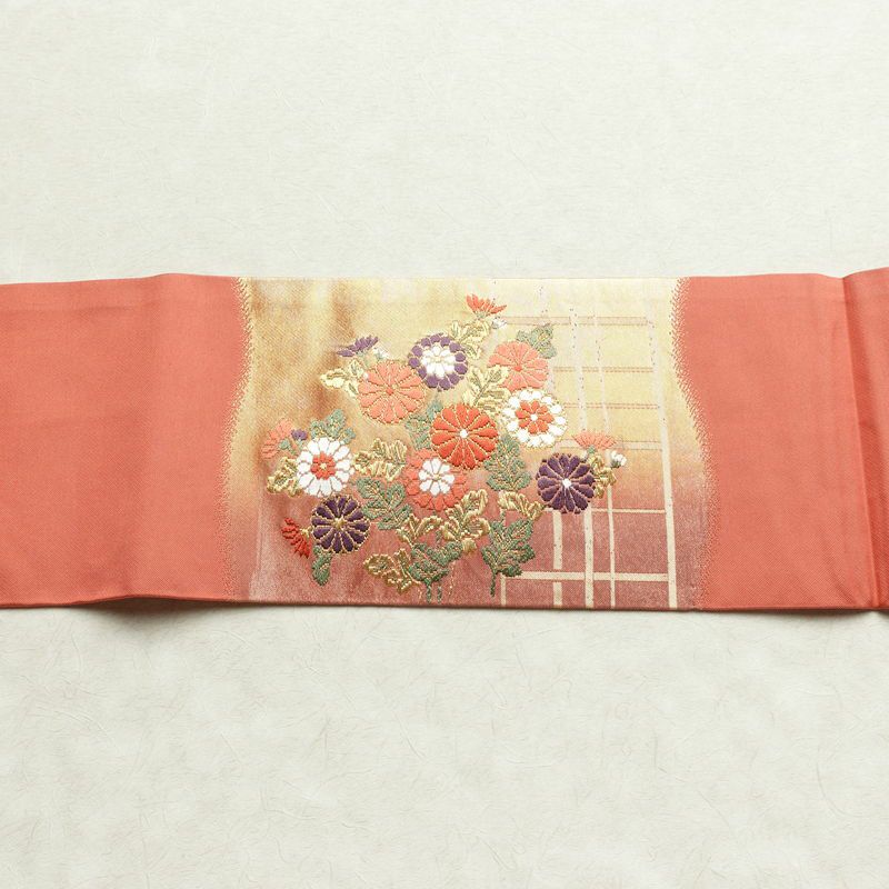 名古屋帯 太鼓柄 良品 正絹 古典柄 名古屋仕立て リサイクル帯 帯 箔 引箔 松 菊 ピンク_画像15