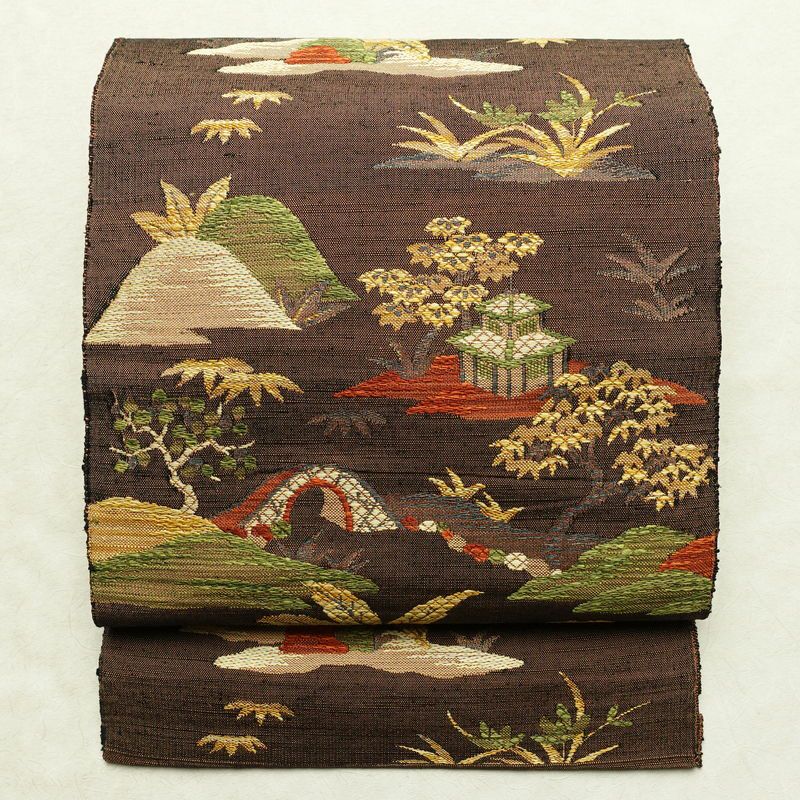 名古屋帯 六通柄 良品 正絹 風景柄 通し仕立て なごや帯 リサイクル帯 帯 紬地 茶_画像1