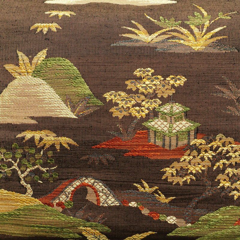 名古屋帯 六通柄 良品 正絹 風景柄 通し仕立て なごや帯 リサイクル帯 帯 紬地 茶_画像2