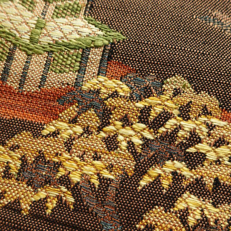 名古屋帯 六通柄 良品 正絹 風景柄 通し仕立て なごや帯 リサイクル帯 帯 紬地 茶_画像3