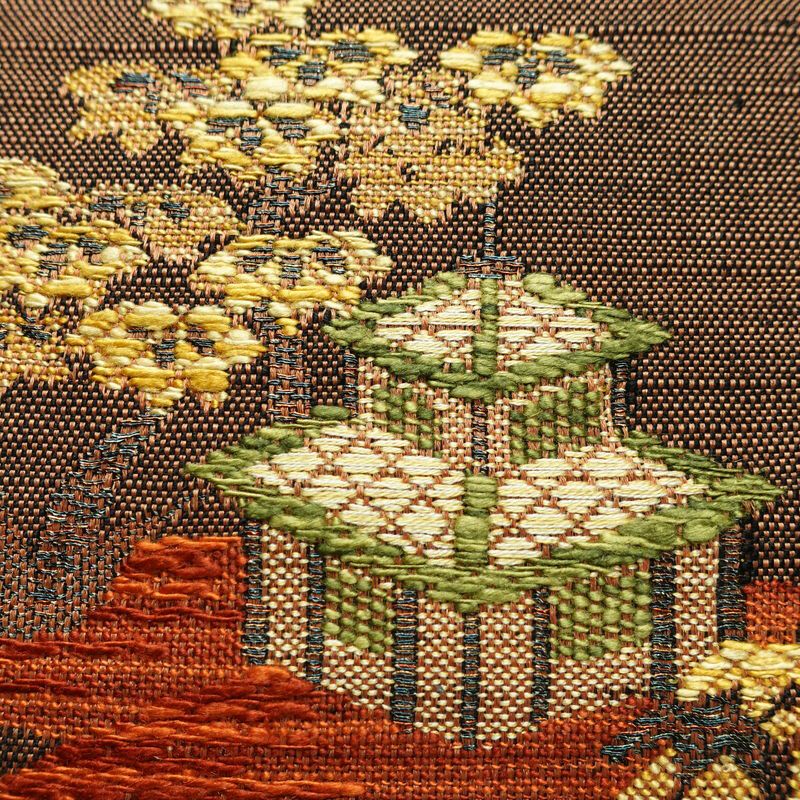 名古屋帯 六通柄 良品 正絹 風景柄 通し仕立て なごや帯 リサイクル帯 帯 紬地 茶_画像4