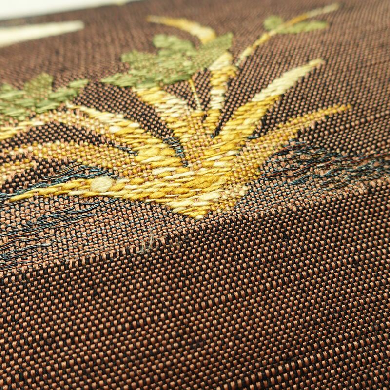 名古屋帯 六通柄 良品 正絹 風景柄 通し仕立て なごや帯 リサイクル帯 帯 紬地 茶_画像5