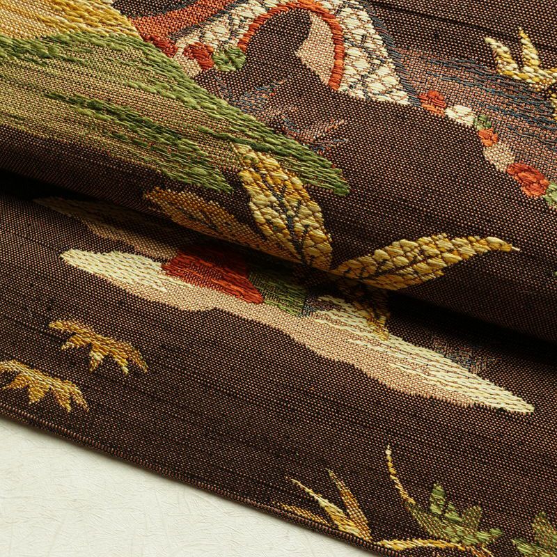 名古屋帯 六通柄 良品 正絹 風景柄 通し仕立て なごや帯 リサイクル帯 帯 紬地 茶_画像7