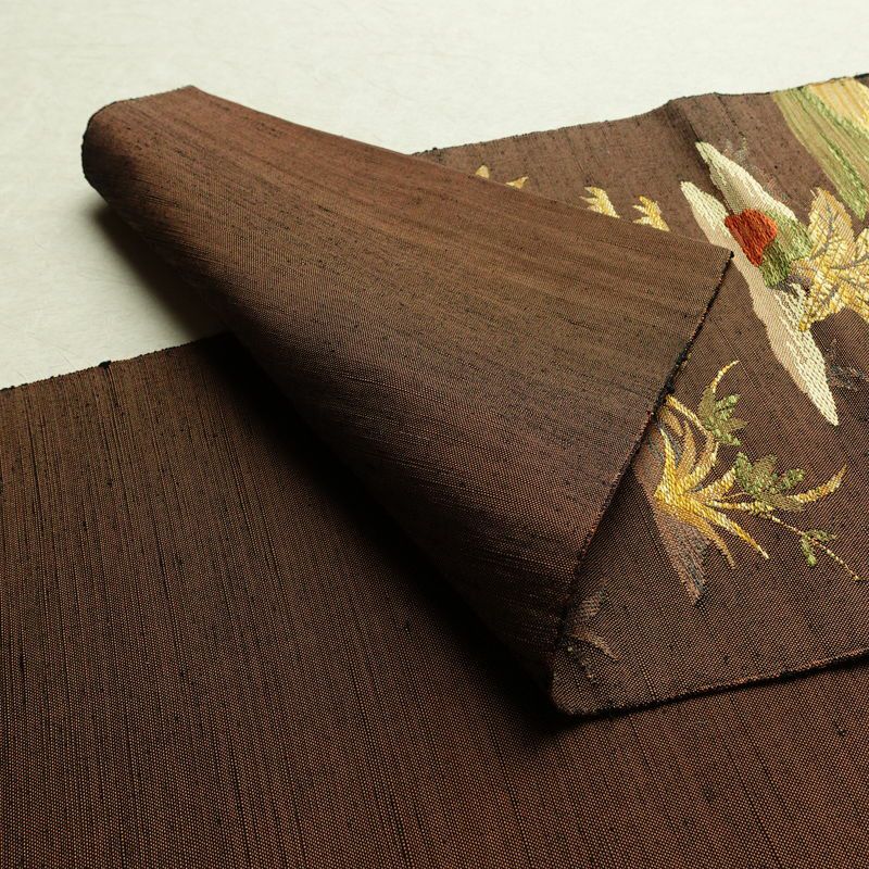 名古屋帯 六通柄 良品 正絹 風景柄 通し仕立て なごや帯 リサイクル帯 帯 紬地 茶_画像9