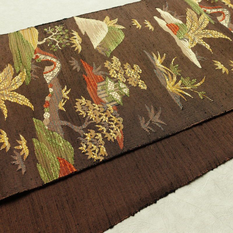 名古屋帯 六通柄 良品 正絹 風景柄 通し仕立て なごや帯 リサイクル帯 帯 紬地 茶_画像11