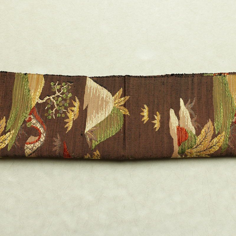 名古屋帯 六通柄 良品 正絹 風景柄 通し仕立て なごや帯 リサイクル帯 帯 紬地 茶_画像14