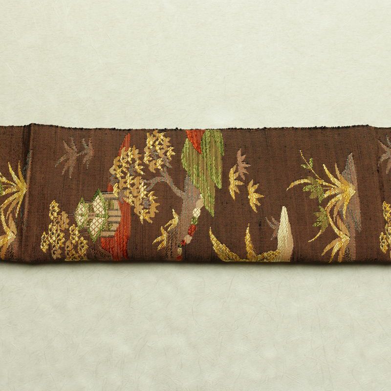 名古屋帯 六通柄 良品 正絹 風景柄 通し仕立て なごや帯 リサイクル帯 帯 紬地 茶_画像15