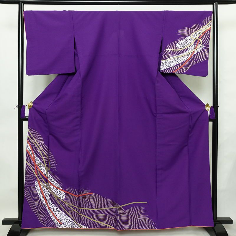 単衣 付け下げ 踊り用 ポリエステル 流水・波柄 単衣仕立て 身丈163cm 裄丈68cm リサイクル着物 着物 箔 紫・藤色_画像1