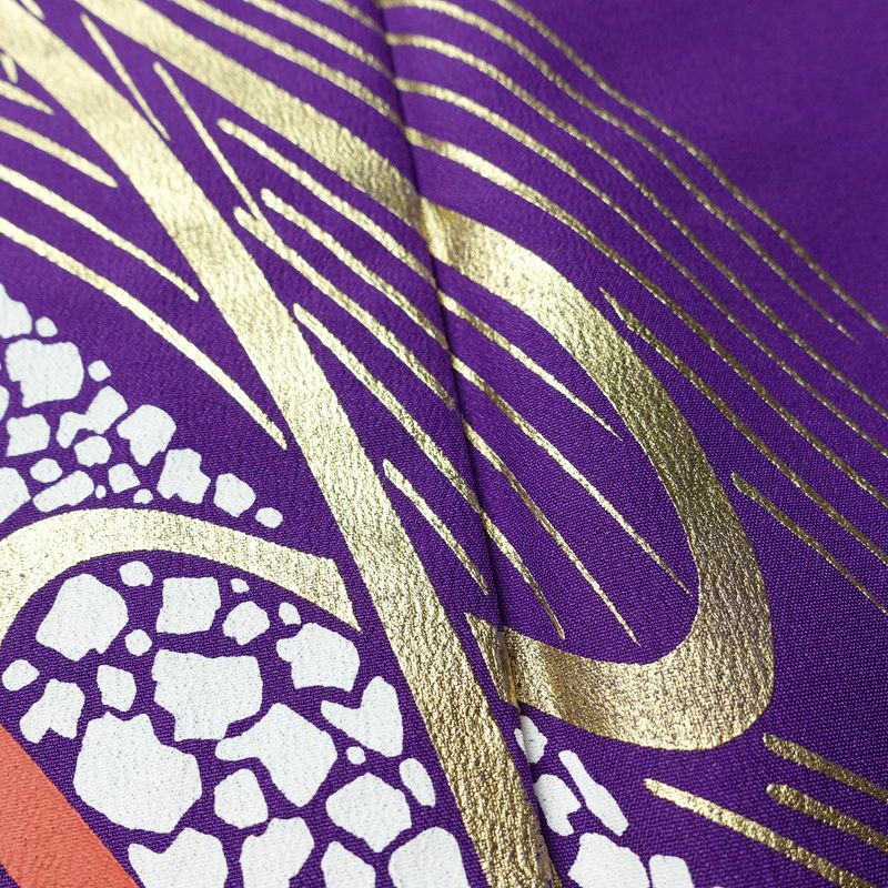 単衣 付け下げ 踊り用 ポリエステル 流水・波柄 単衣仕立て 身丈163cm 裄丈68cm リサイクル着物 着物 箔 紫・藤色_画像8