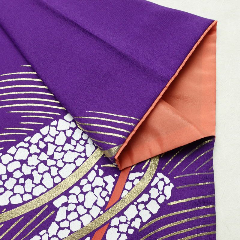 単衣 付け下げ 踊り用 ポリエステル 流水・波柄 単衣仕立て 身丈163cm 裄丈68cm リサイクル着物 着物 箔 紫・藤色_画像16