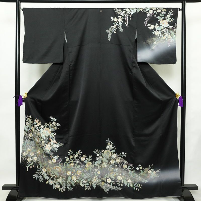 訪問着 一つ紋付き 正絹 花柄 袷仕立て 身丈165.5cm 裄丈66cm リサイクル着物 着物 箔 結婚式 パーティー フォーマル 華やか 黒_画像1