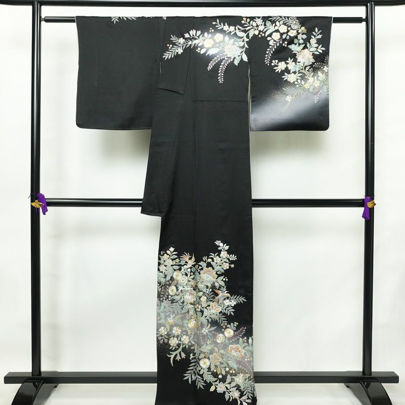 訪問着 一つ紋付き 正絹 花柄 袷仕立て 身丈165.5cm 裄丈66cm リサイクル着物 着物 箔 結婚式 パーティー フォーマル 華やか 黒_画像2