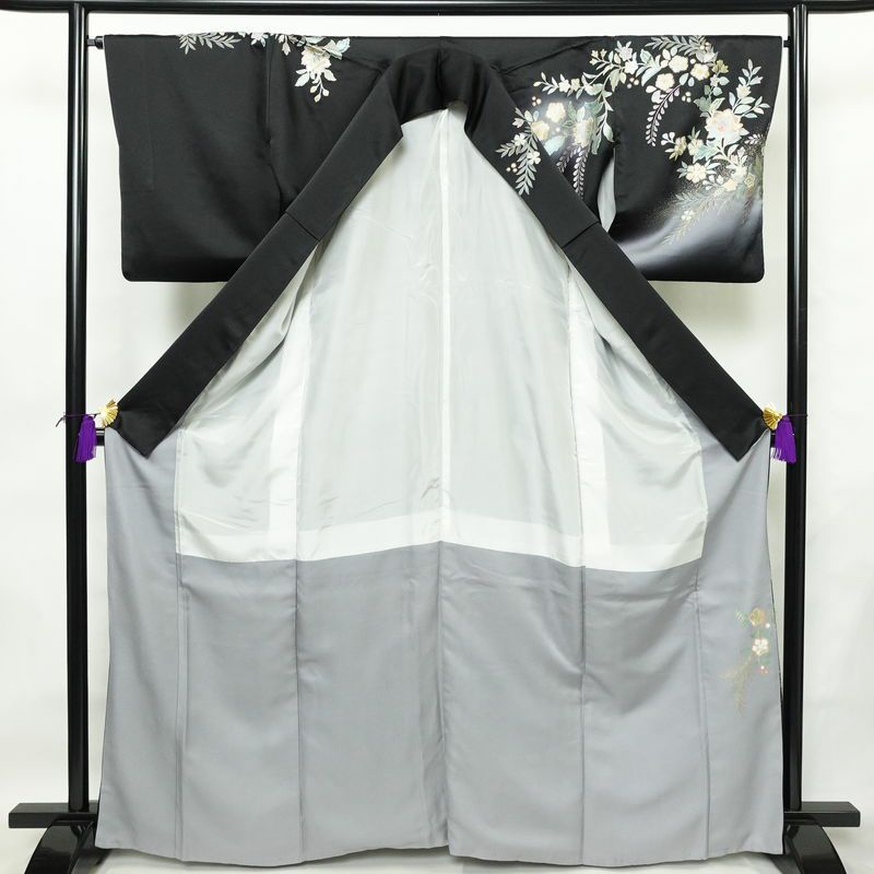 訪問着 一つ紋付き 正絹 花柄 袷仕立て 身丈165.5cm 裄丈66cm リサイクル着物 着物 箔 結婚式 パーティー フォーマル 華やか 黒_画像3