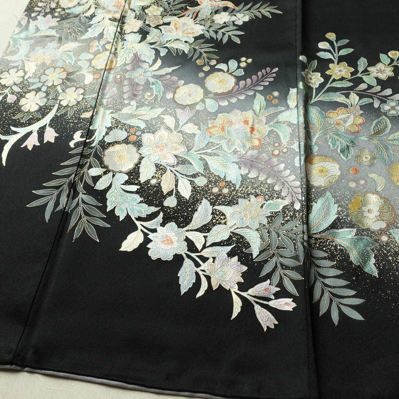 訪問着 一つ紋付き 正絹 花柄 袷仕立て 身丈165.5cm 裄丈66cm リサイクル着物 着物 箔 結婚式 パーティー フォーマル 華やか 黒_画像4