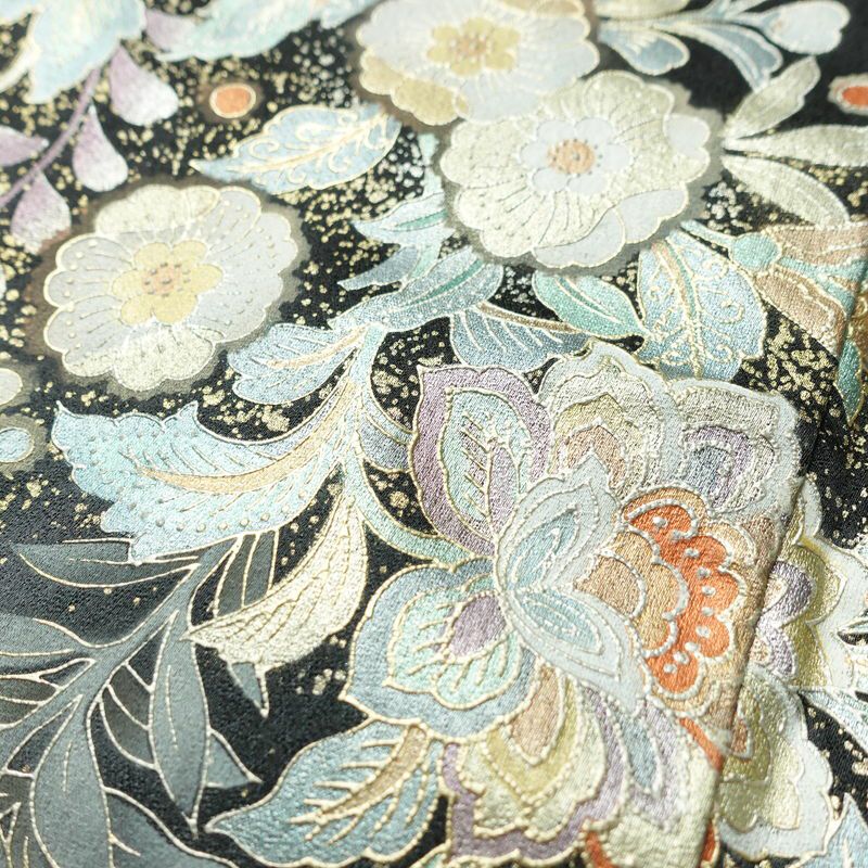 訪問着 一つ紋付き 正絹 花柄 袷仕立て 身丈165.5cm 裄丈66cm リサイクル着物 着物 箔 結婚式 パーティー フォーマル 華やか 黒_画像7