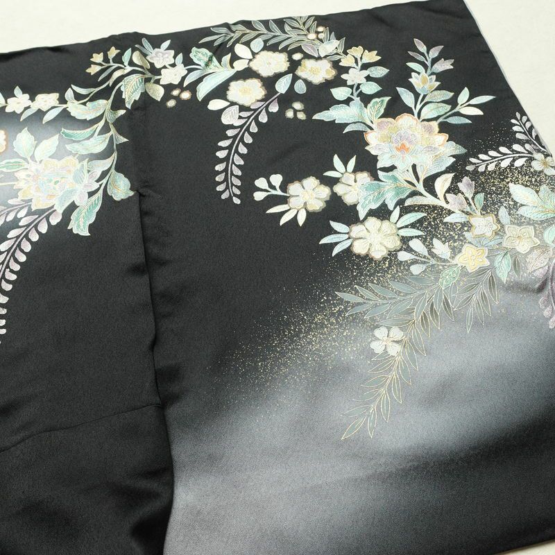 訪問着 一つ紋付き 正絹 花柄 袷仕立て 身丈165.5cm 裄丈66cm リサイクル着物 着物 箔 結婚式 パーティー フォーマル 華やか 黒_画像14