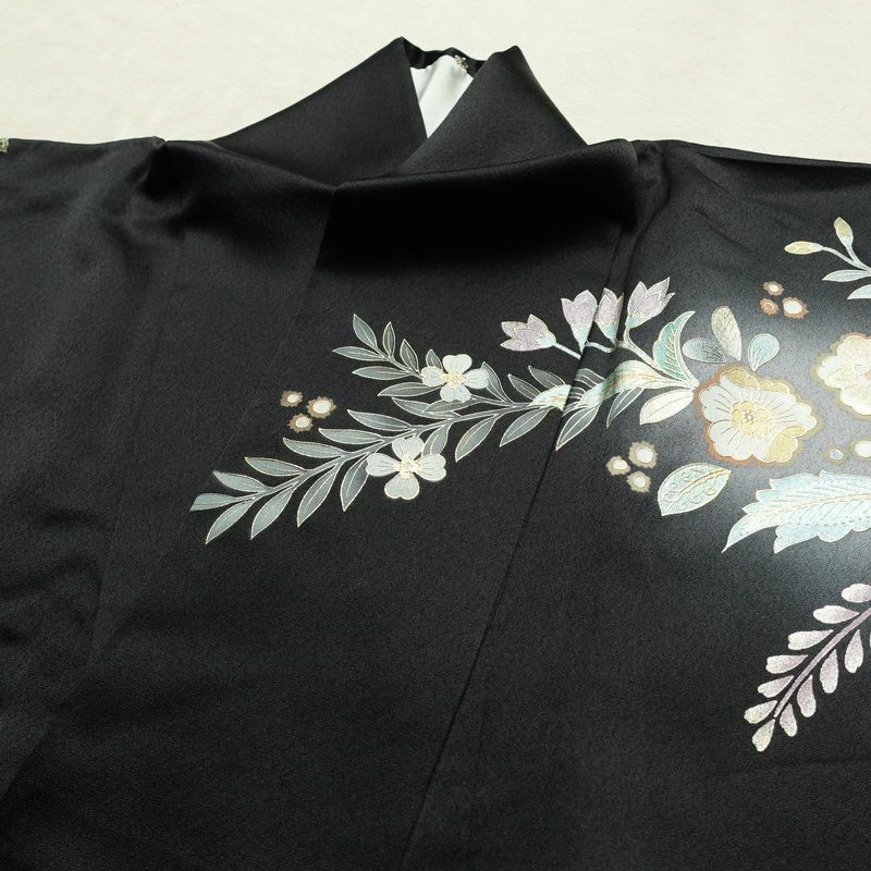 訪問着 一つ紋付き 正絹 花柄 袷仕立て 身丈165.5cm 裄丈66cm リサイクル着物 着物 箔 結婚式 パーティー フォーマル 華やか 黒_画像16