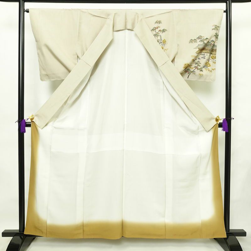 付け下げ 良品 正絹 風景柄 袷仕立て 身丈160.5cm 裄丈65.5cm リサイクル着物 着物 フォーマル 上品 紬地 ベージュ_画像3