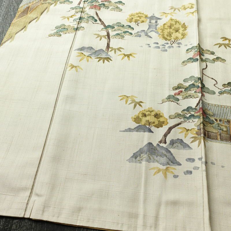 付け下げ 良品 正絹 風景柄 袷仕立て 身丈160.5cm 裄丈65.5cm リサイクル着物 着物 フォーマル 上品 紬地 ベージュ_画像4