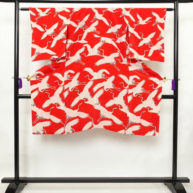 アンティーク 長襦袢 正絹 人物・動物柄 袷仕立て 身丈119cm 裄丈62cm 鶴 粋 赤・朱_画像1