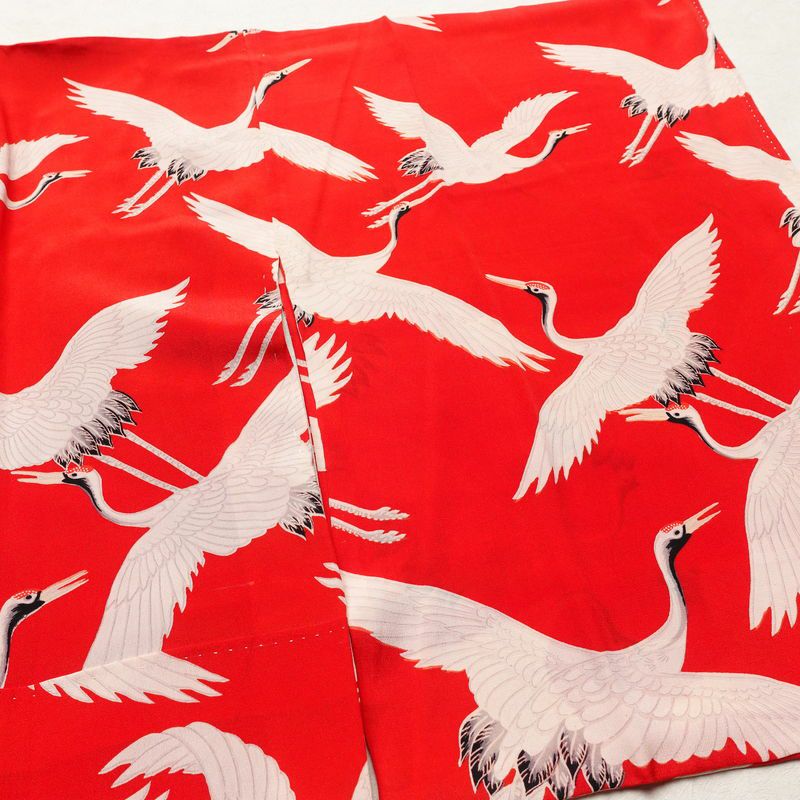 アンティーク 長襦袢 正絹 人物・動物柄 袷仕立て 身丈119cm 裄丈62cm 鶴 粋 赤・朱_画像13