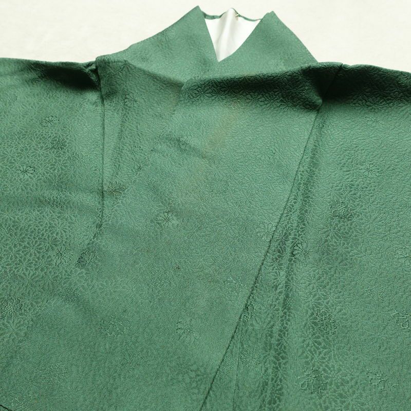 色無地 一つ紋付き 正絹 花柄 袷仕立て 身丈159.5cm 裄丈68cm リサイクル着物 着物 お茶会 シンプル 菊 緑・うぐいす色_画像18