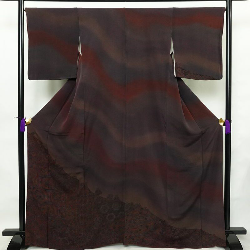 付け下げ 縮緬 正絹 幾何学柄・抽象柄 袷仕立て 身丈166.5cm 裄丈67.5cm リサイクル着物 着物 ぼかし フォーマル モダン オリエンタル 紫・藤色_画像1