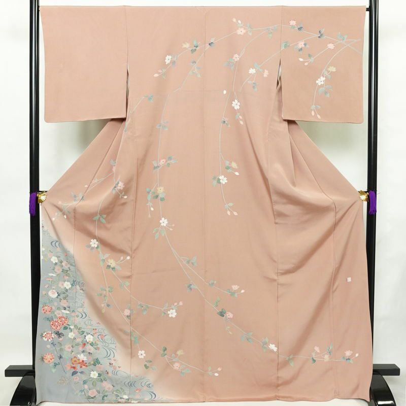 訪問着 縮緬 トールサイズ 正絹 花柄 袷仕立て 身丈170.5cm 裄丈67cm リサイクル着物 着物 作家物 共八掛 入学式 卒業式 結婚式 七五三 お宮参り フォーマル 菊 くすみピンク ピンク_画像1