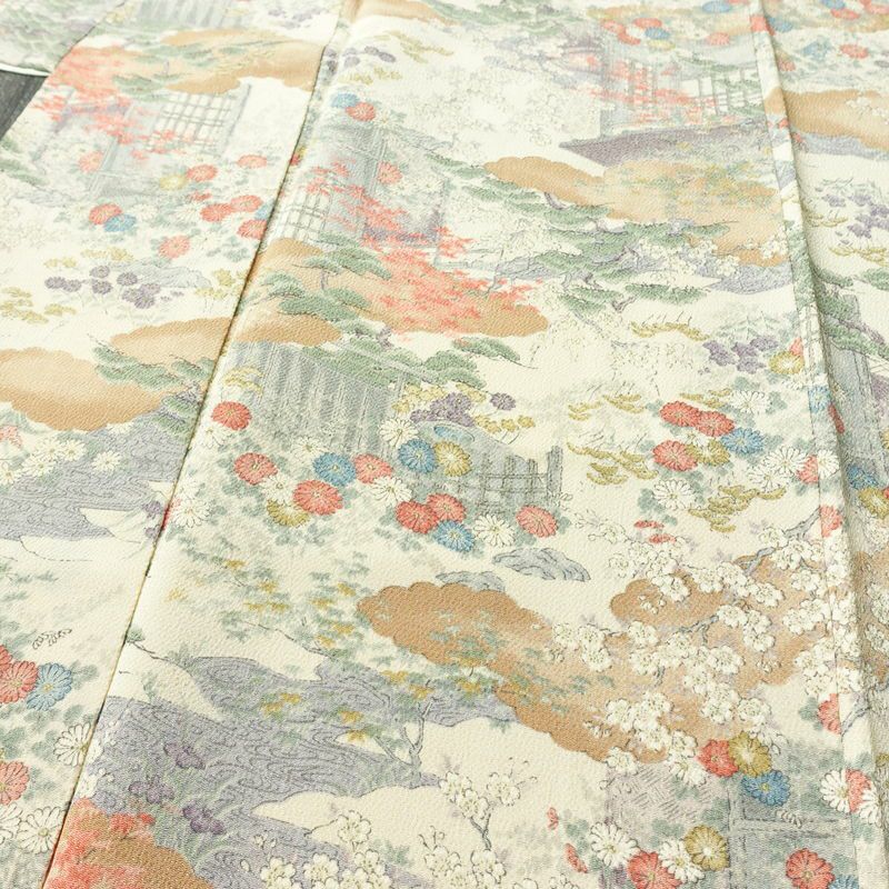 小紋 縮緬 総柄 正絹 風景柄 袷仕立て 身丈161.5cm 裄丈65cm リサイクル着物 着物 松 菊 桜 ベージュ_画像5