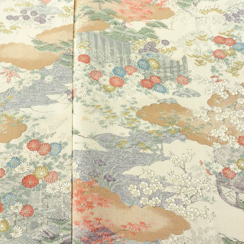 小紋 縮緬 総柄 正絹 風景柄 袷仕立て 身丈161.5cm 裄丈65cm リサイクル着物 着物 松 菊 桜 ベージュ_画像6