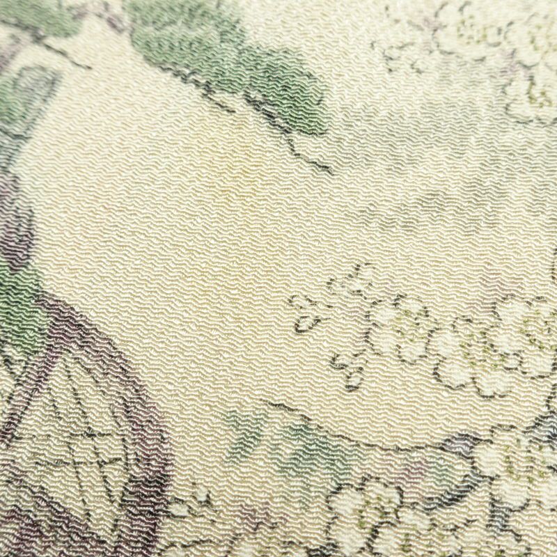 小紋 縮緬 総柄 正絹 風景柄 袷仕立て 身丈161.5cm 裄丈65cm リサイクル着物 着物 松 菊 桜 ベージュ_画像12