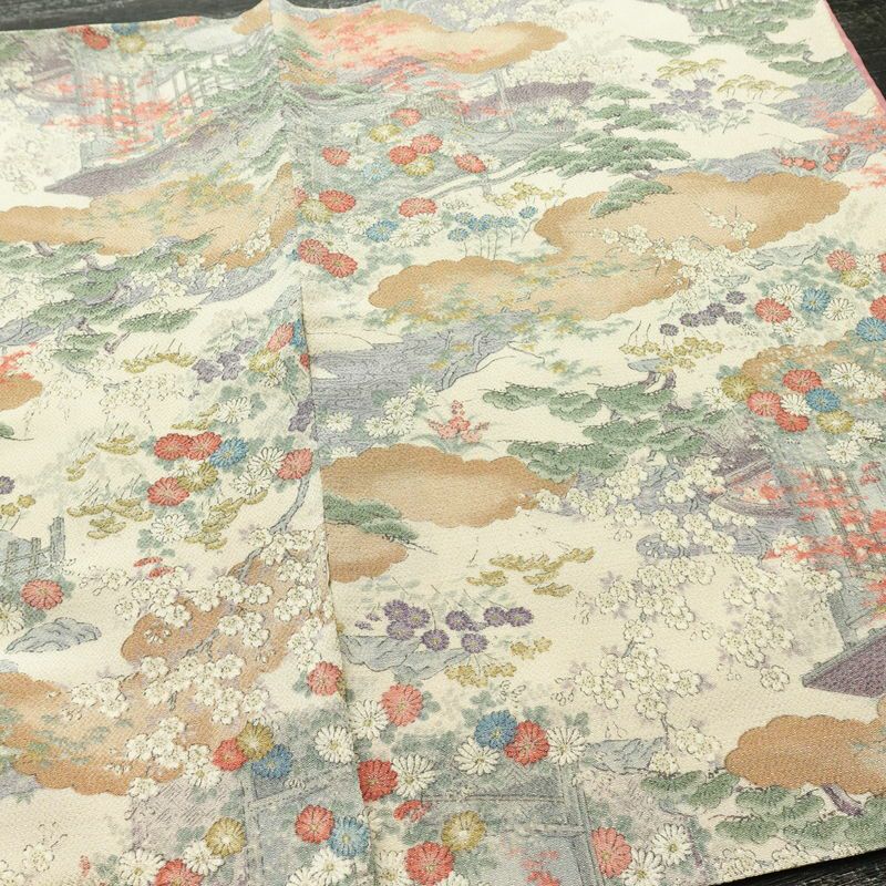 小紋 縮緬 総柄 正絹 風景柄 袷仕立て 身丈161.5cm 裄丈65cm リサイクル着物 着物 松 菊 桜 ベージュ_画像13