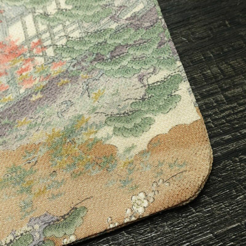 小紋 縮緬 総柄 正絹 風景柄 袷仕立て 身丈161.5cm 裄丈65cm リサイクル着物 着物 松 菊 桜 ベージュ_画像16